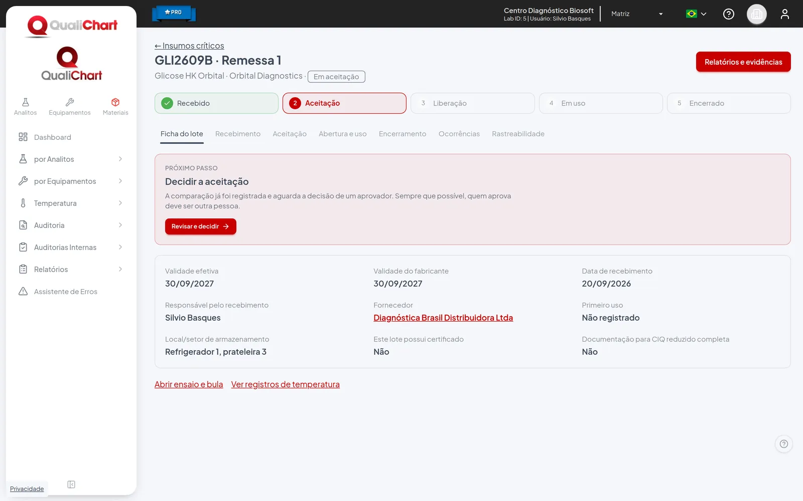 Ficha do lote com etapas e próximo passo
