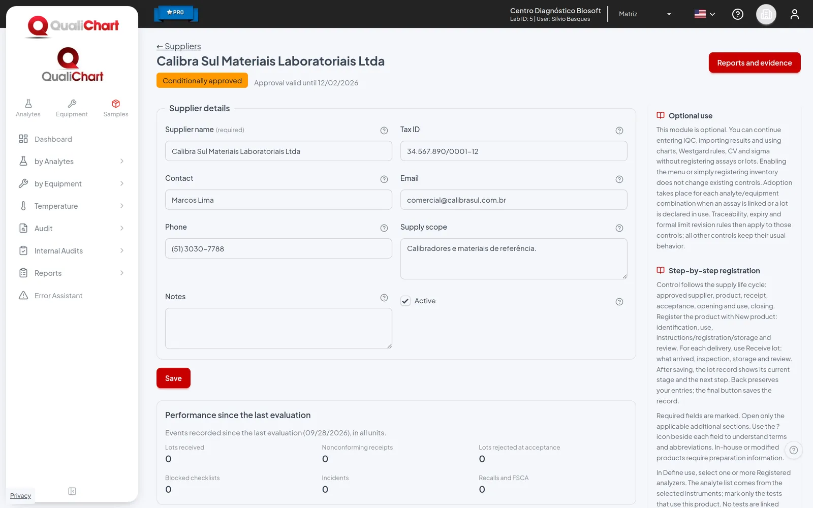 Supplier record with status and evaluation history