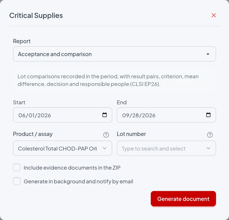 Issue window of the Acceptance and comparison report with the example filters