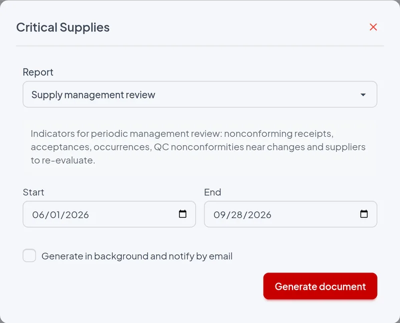 Issue window of the Supply management review report with the example filters