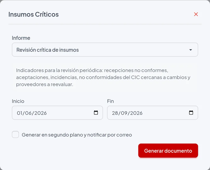 Ventana de emisión del informe Revisión crítica de insumos con los filtros del ejemplo