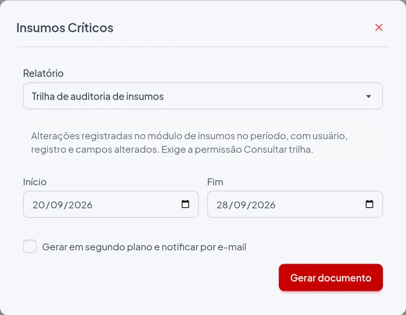 Janela de emissão do relatório Trilha de auditoria de insumos com os filtros do exemplo