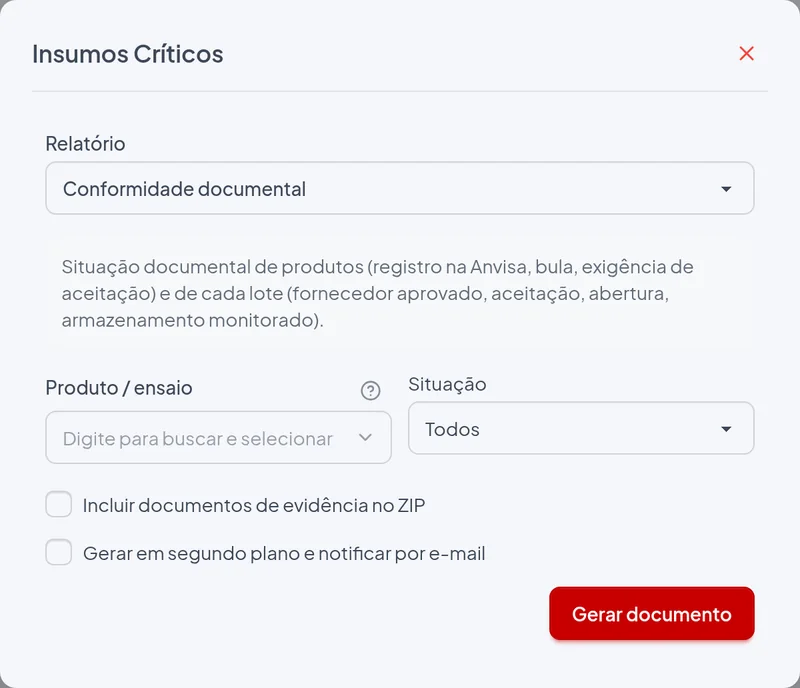 Janela de emissão do relatório Conformidade documental com os filtros do exemplo