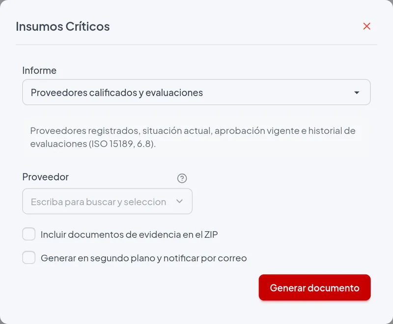 Ventana de emisión del informe Proveedores calificados y evaluaciones con los filtros del ejemplo