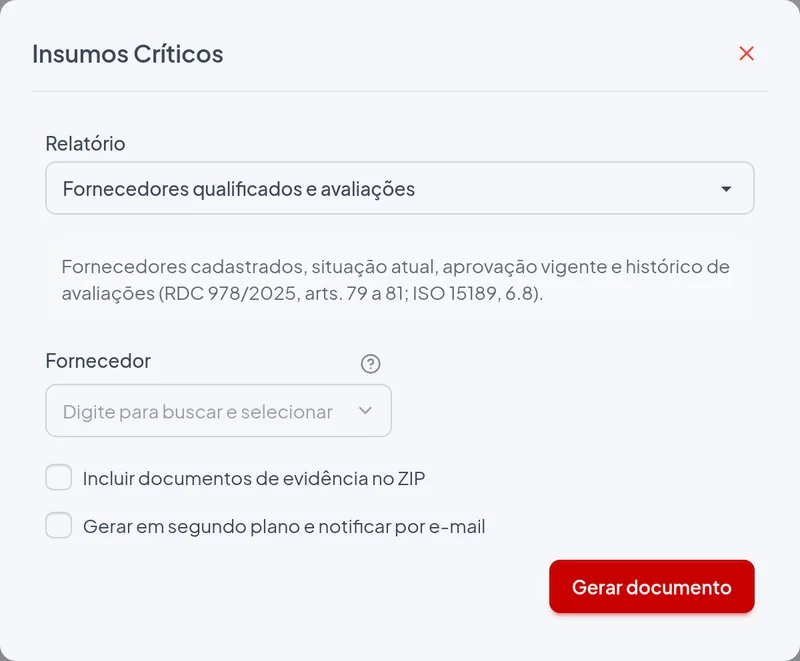Janela de emissão do relatório Fornecedores qualificados e avaliações com os filtros do exemplo