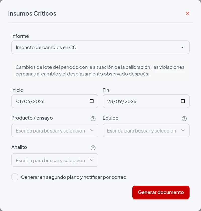 Ventana de emisión del informe Impacto de cambios en CCI con los filtros del ejemplo
