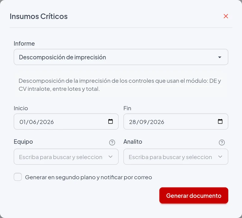 Ventana de emisión del informe Descomposición de imprecisión con los filtros del ejemplo