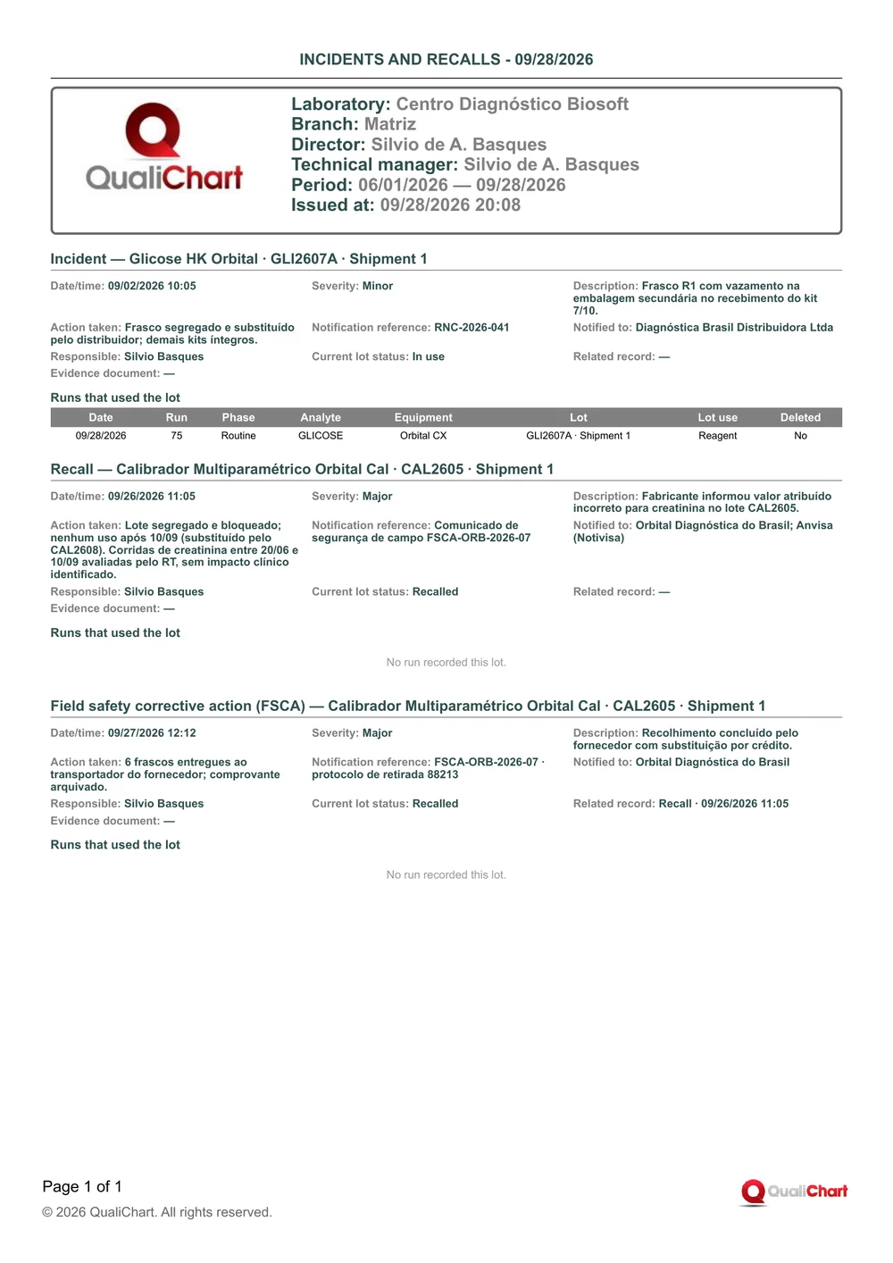 First page of the Incidents and recalls report with demonstration data