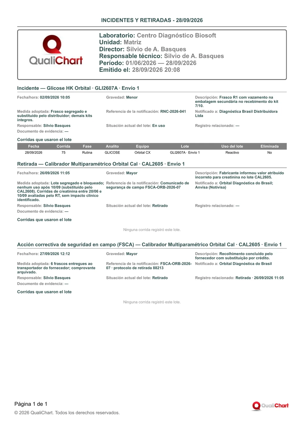 Primera página del informe Incidentes y retiradas con datos de demostración