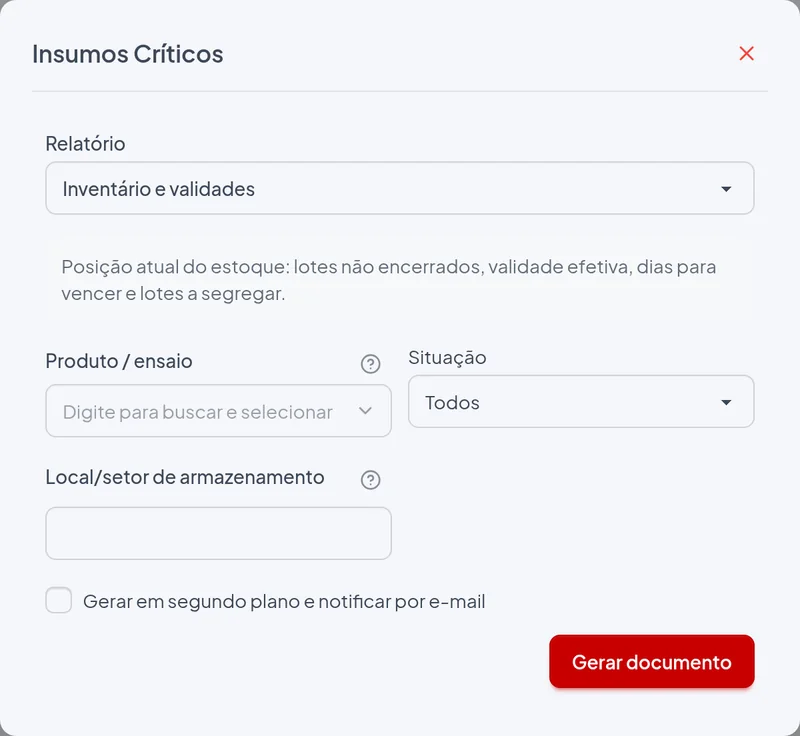 Janela de emissão do relatório Inventário e validades com os filtros do exemplo
