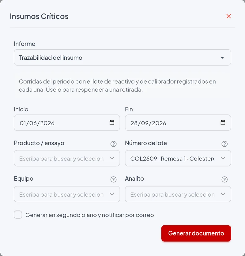 Ventana de emisión del informe Trazabilidad del insumo con los filtros del ejemplo