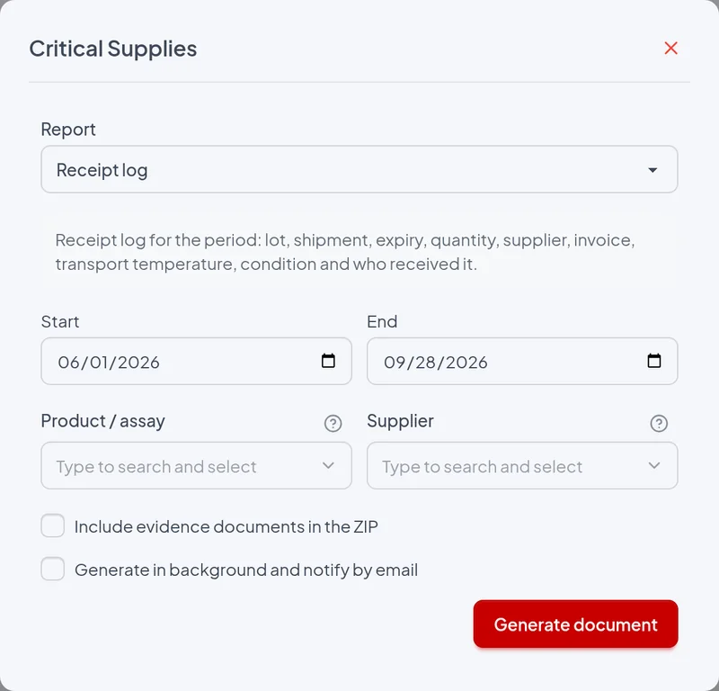 Issue window of the Receipt log report with the example filters