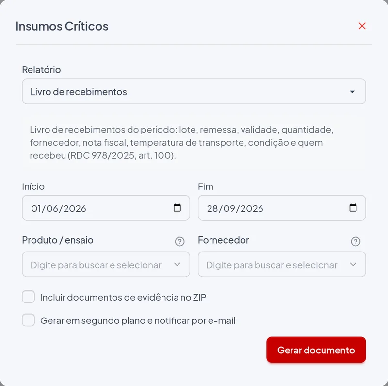 Janela de emissão do relatório Livro de recebimentos com os filtros do exemplo