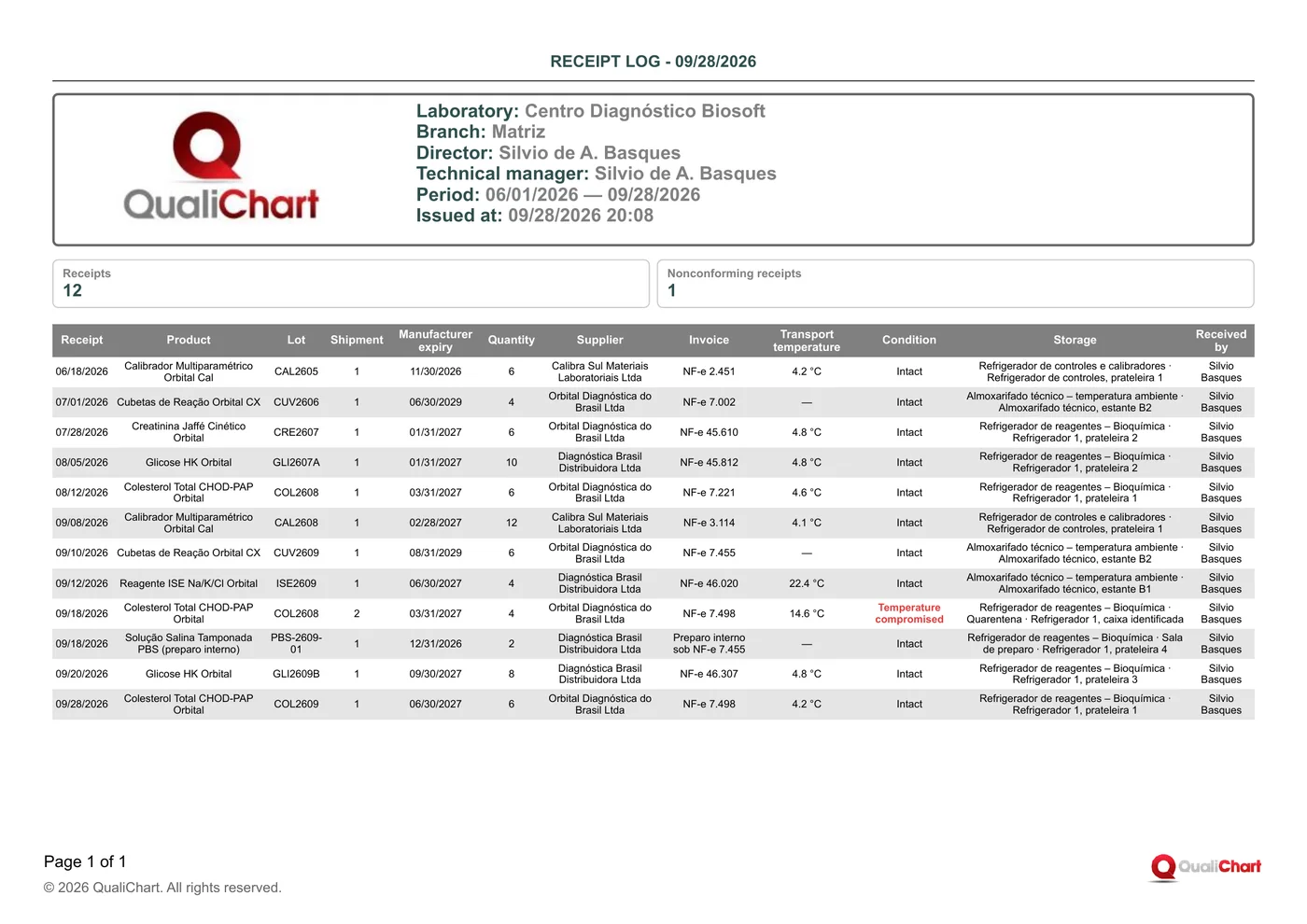 First page of the Receipt log report with demonstration data